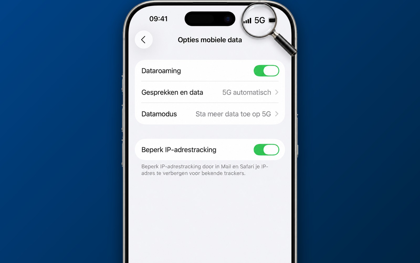iPhone met de instellingen voor mobiele data en een vergrootglas op het 5G-icoon