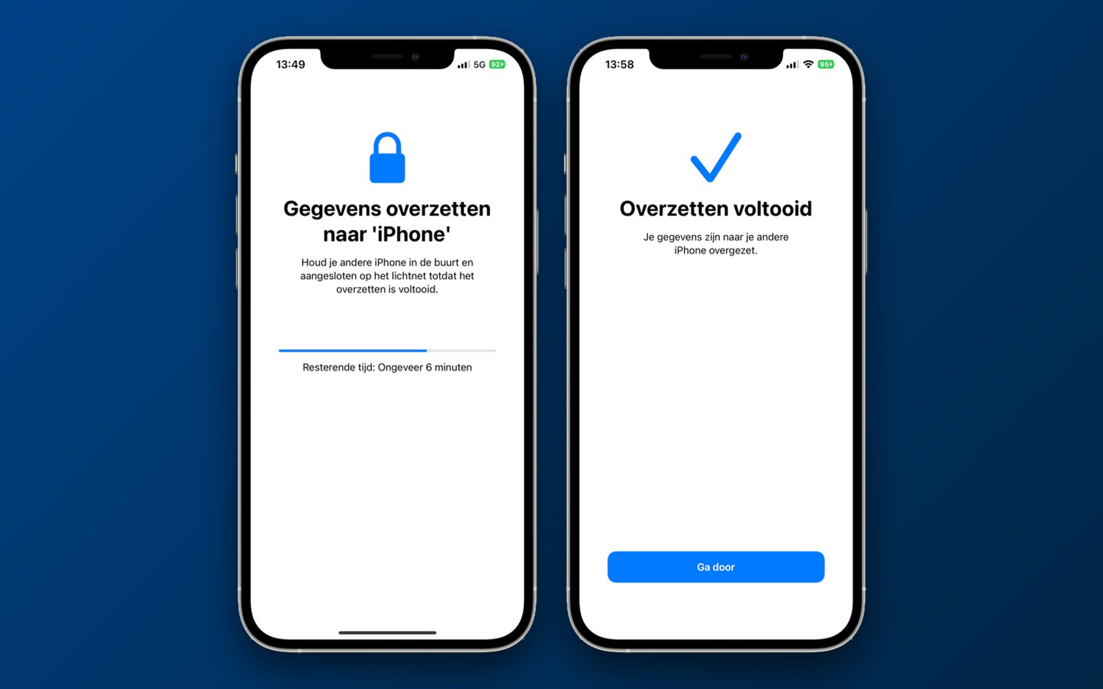 Twee iPhones met het scherm Gegevens overzetten en Overzetten voltooid