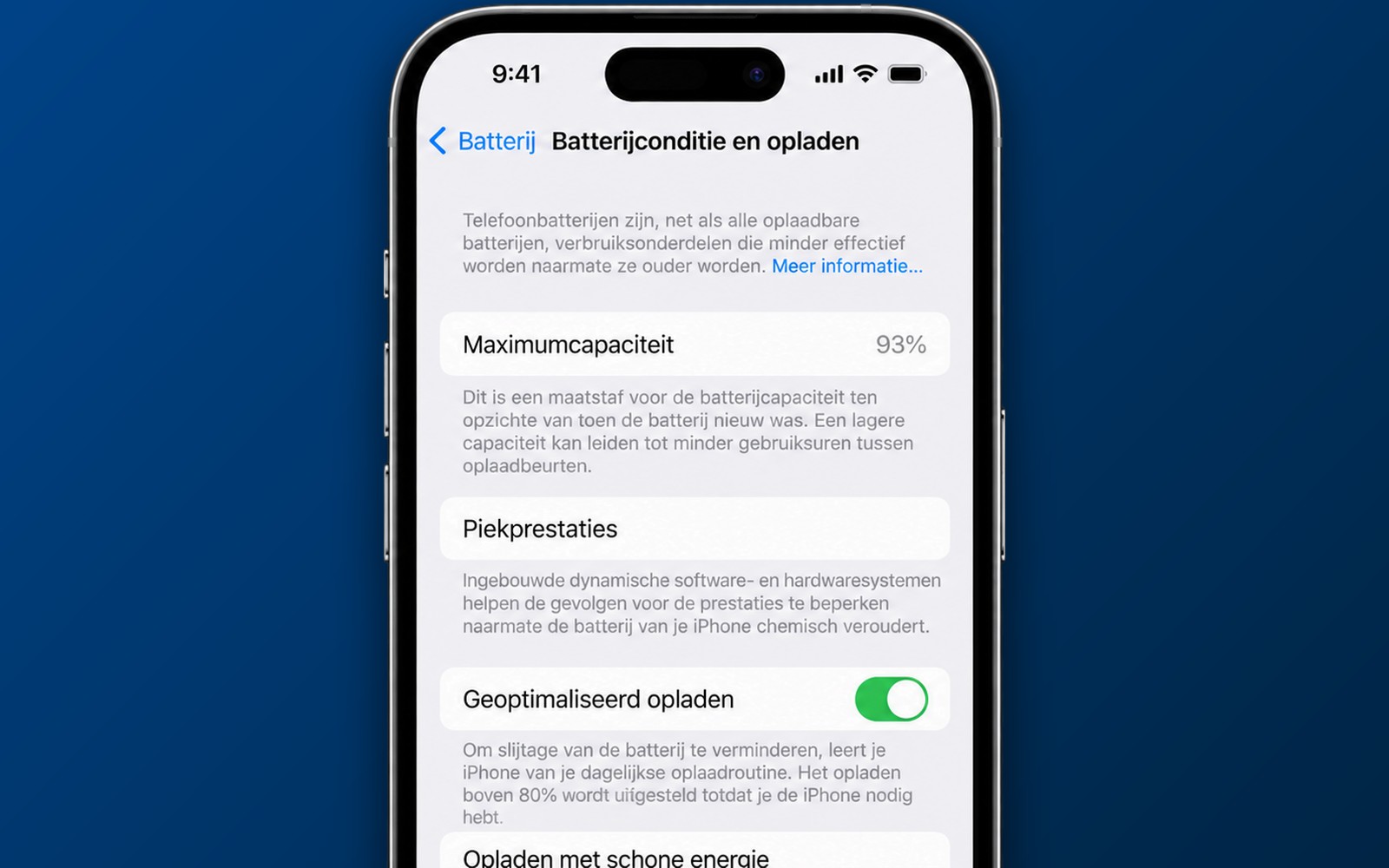 iPhone met het scherm Batterijconditie en een maximumcapaciteit van 93 procent