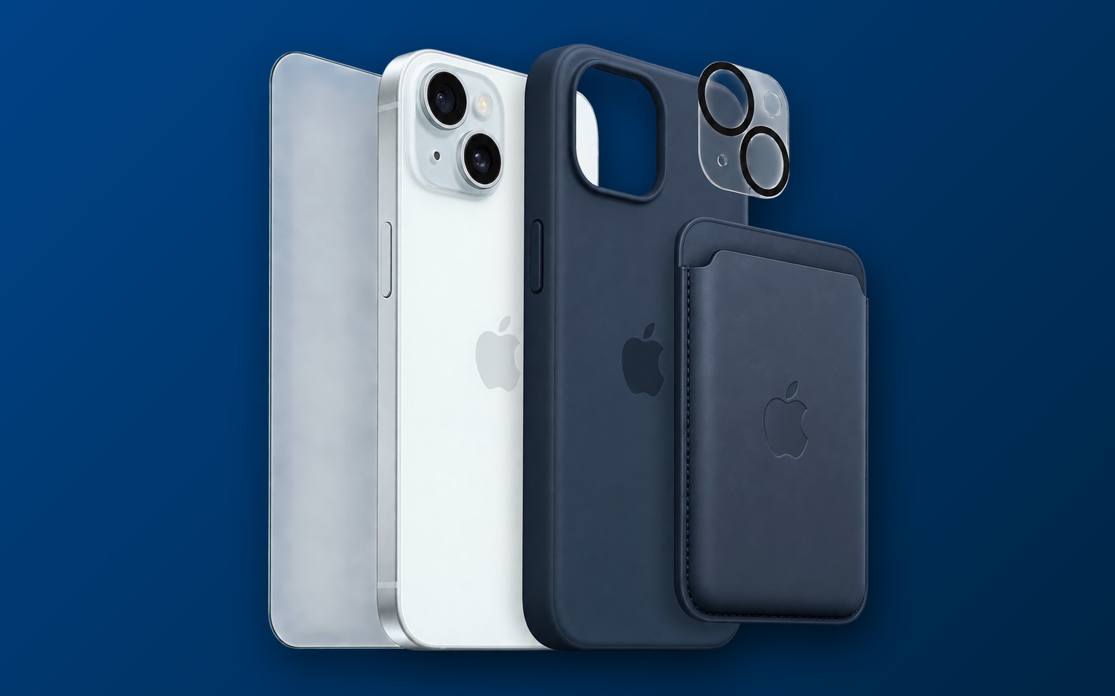 Screenprotector, iPhone, hoesje, cameraglas en wallet naast elkaar
