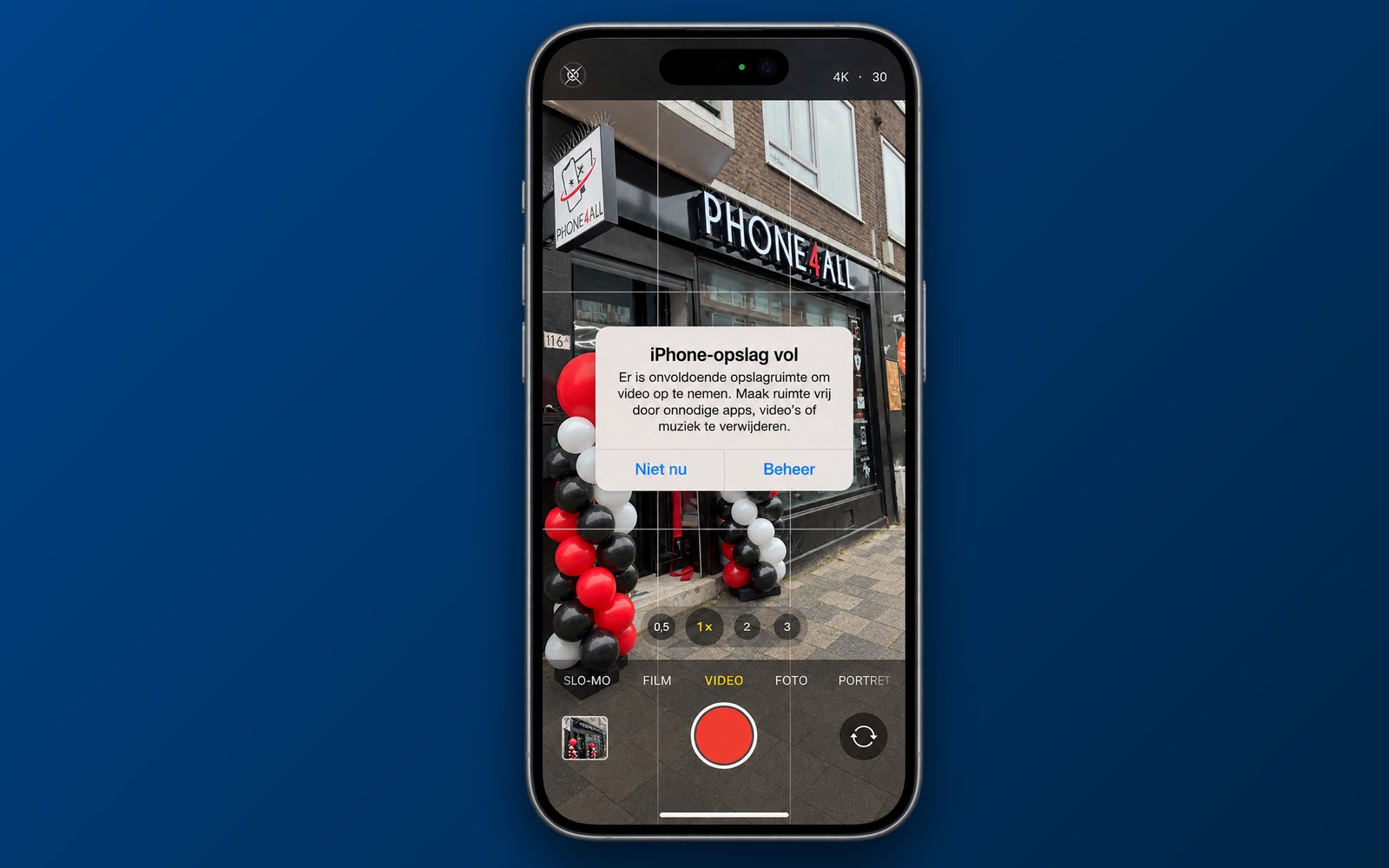 iPhone camera met de melding iPhone-opslag vol tijdens het filmen