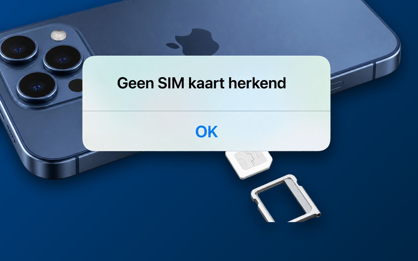 iPhone met de melding Geen SIM kaart herkend, met de simkaart en de lade ernaast