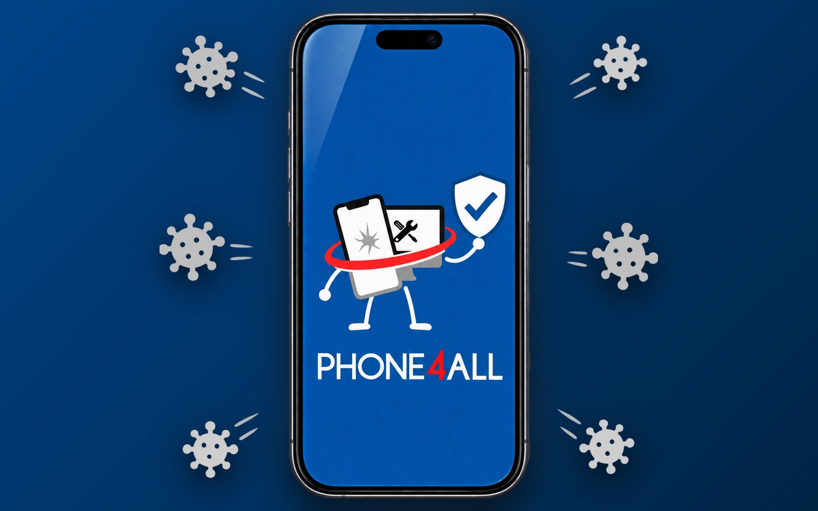 Telefoon met een schild op het scherm, omringd door virussen