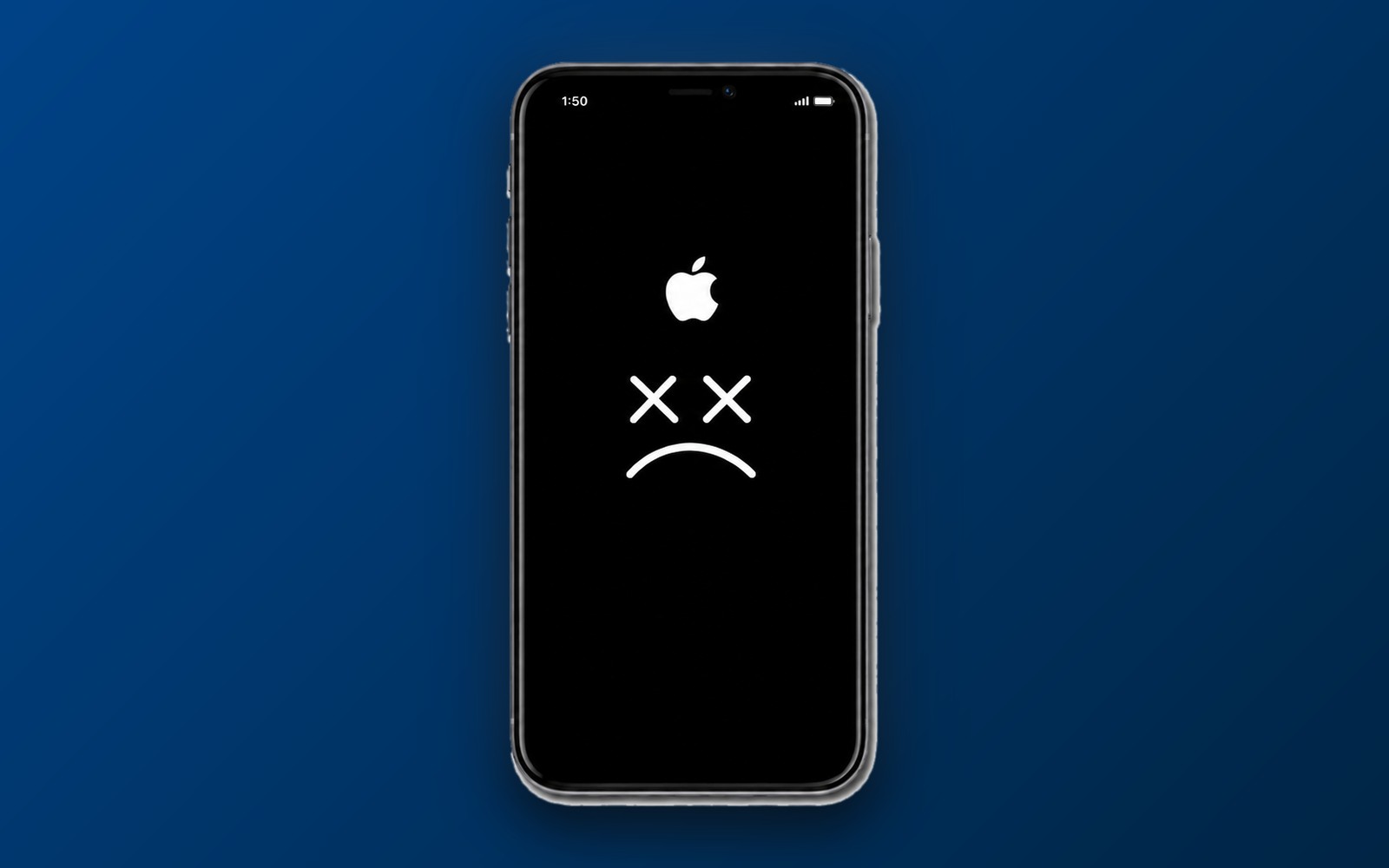 iPhone met een zwart scherm en een verdrietig gezicht