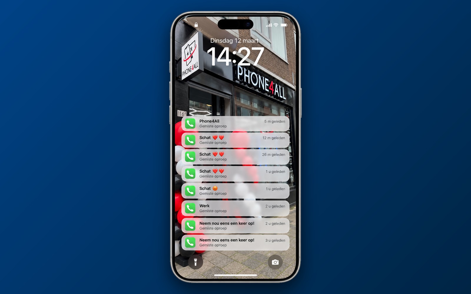 iPhone vergrendelscherm met acht gemiste oproepen