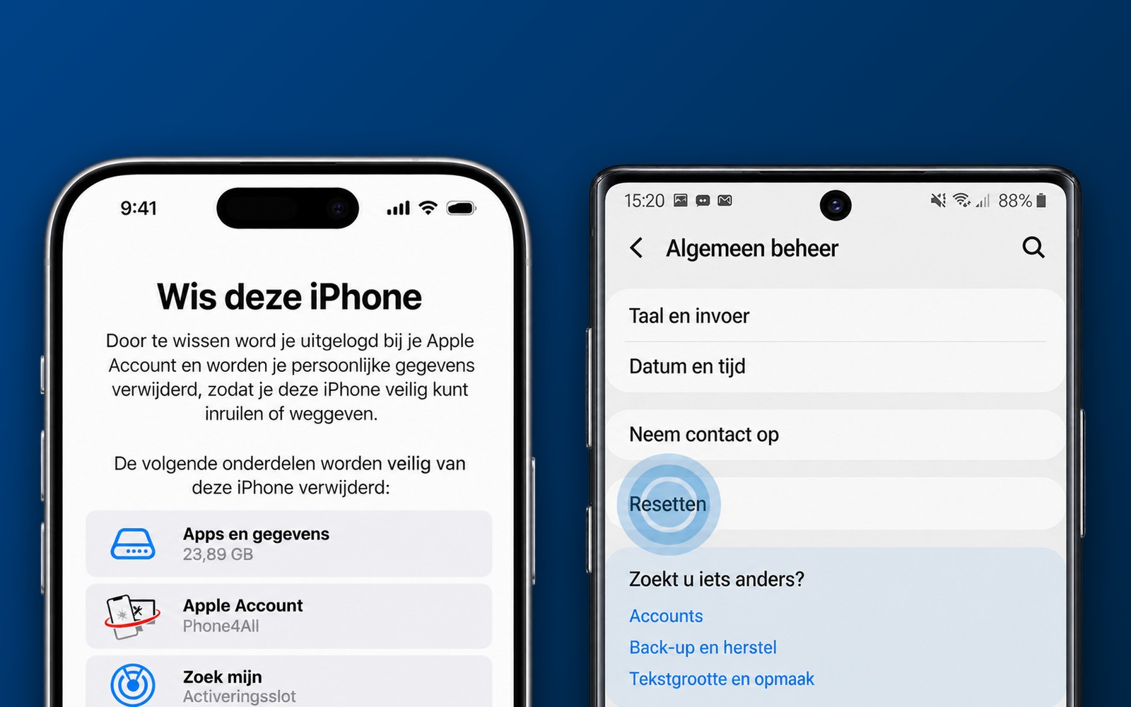 iPhone en Samsung naast elkaar met het scherm om het toestel te resetten
