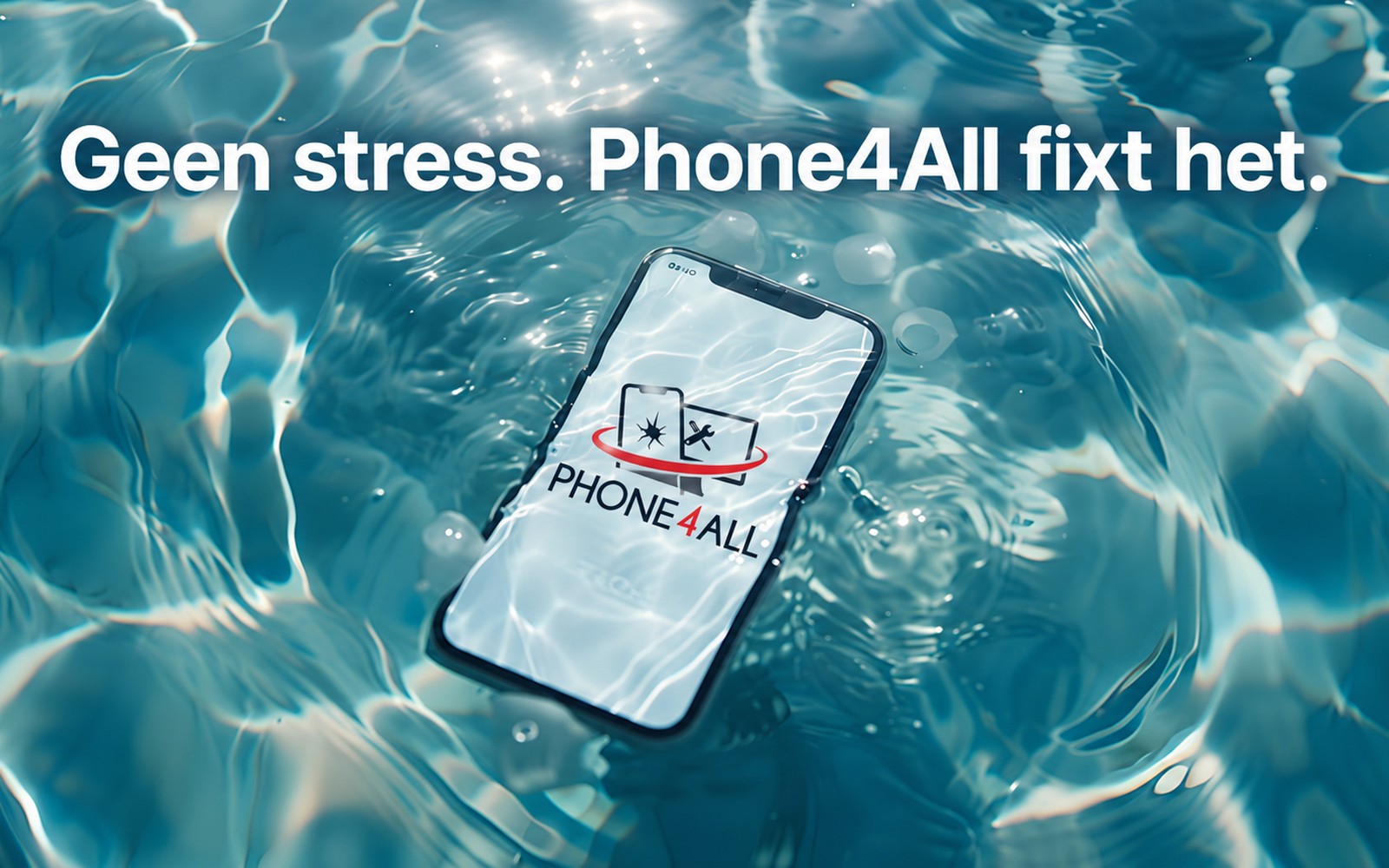 iPhone onder water met het Phone4All logo op het scherm